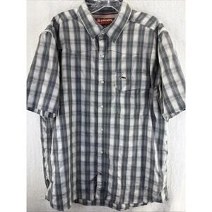 Simms Pearl Snap Fishing Shirt Mens L Gray Plaid Caped Short Sleeve Pearl Snap